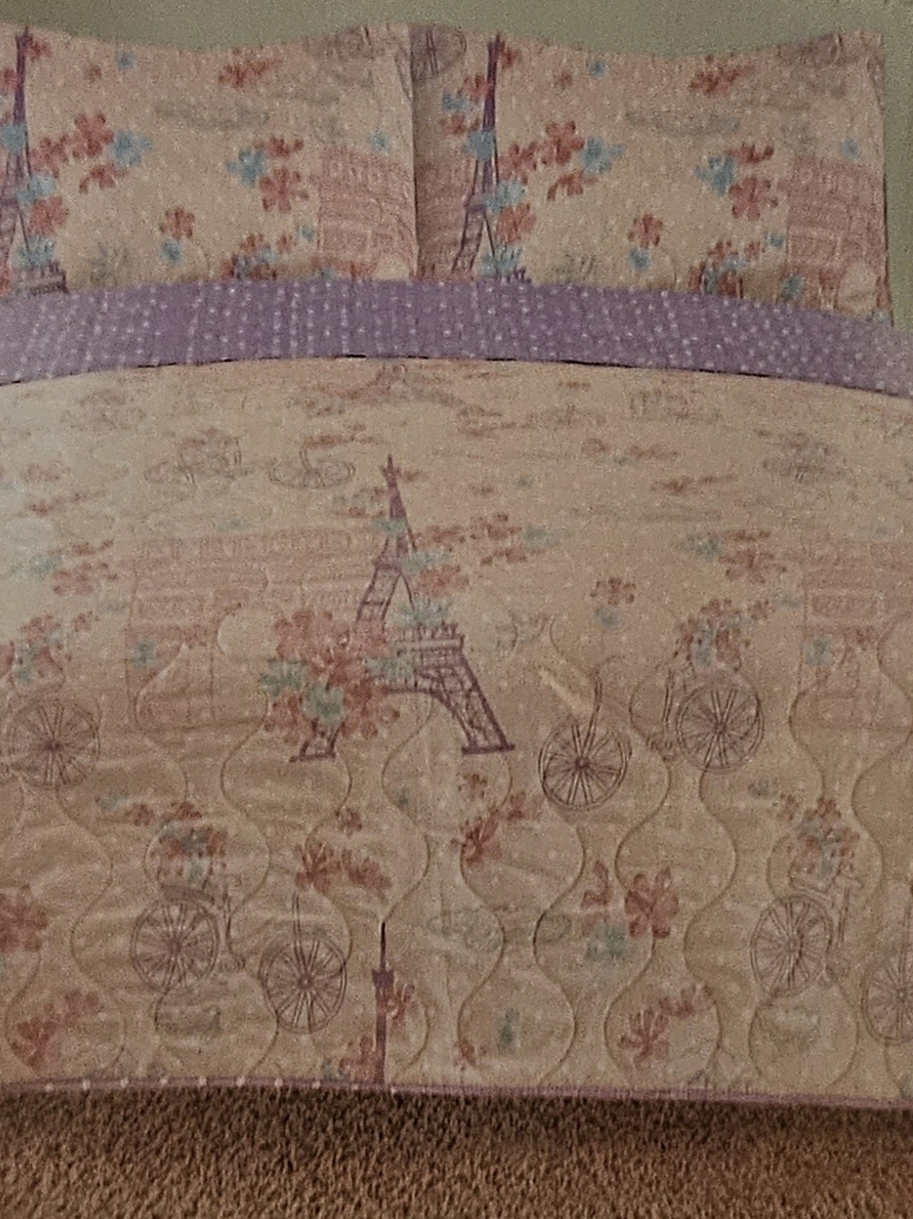 Lavender & Pink Paris, Eiffel Tower, Floral Quilted Comforter Set - Full